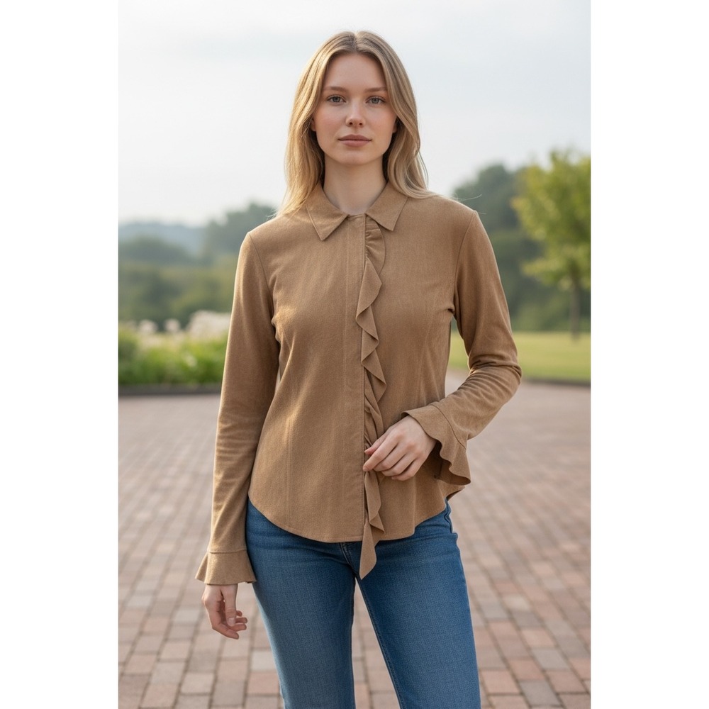 Margaret Godfrey Tan Suede Leather Ruffle Front Shirt Jacket Womens 6 8499 Camel